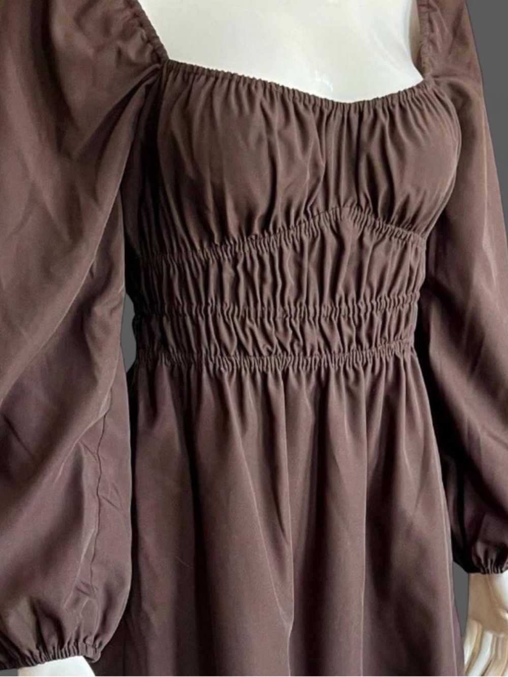Smocked Square-Neck Brown Dress